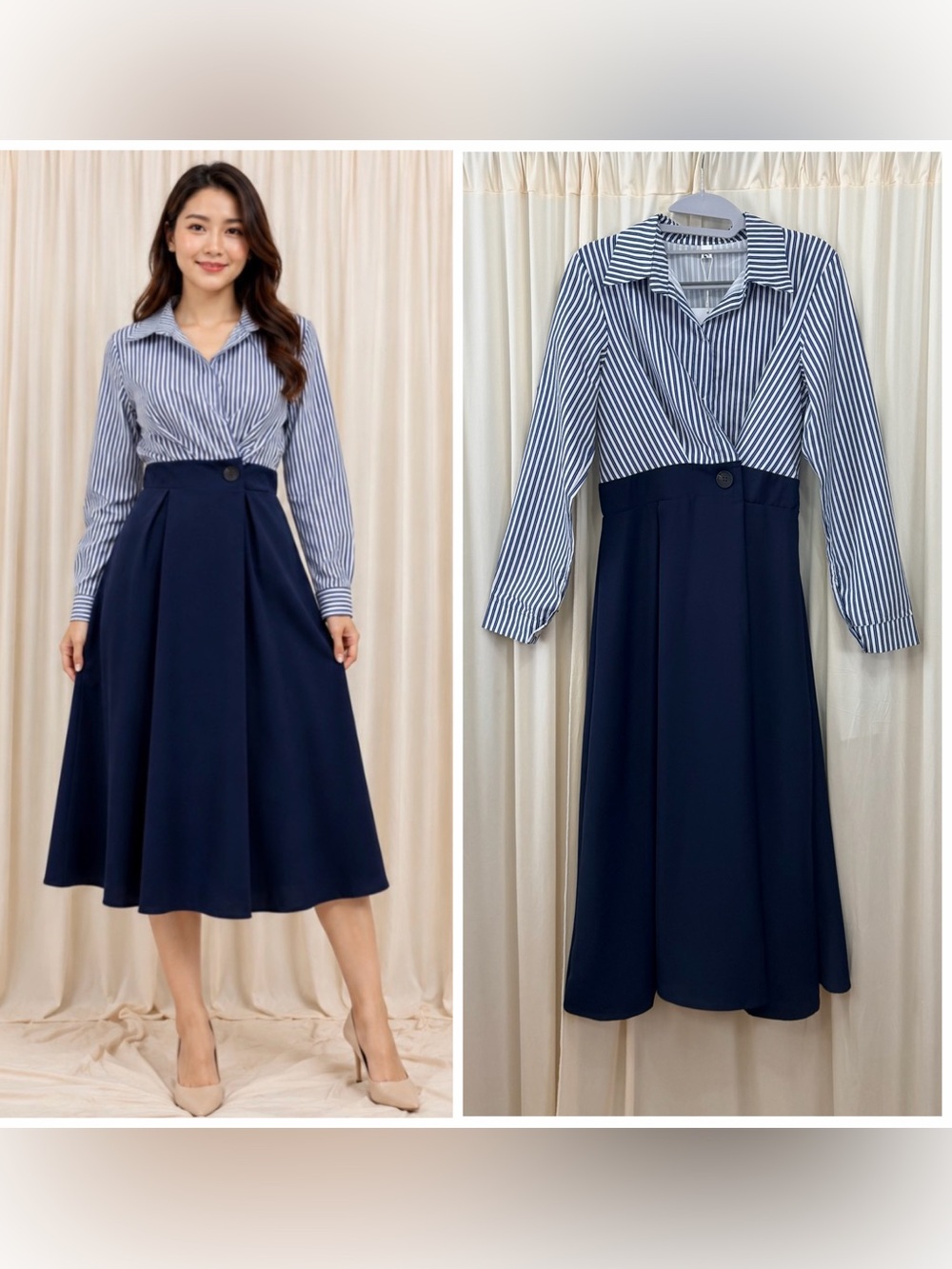 NEW Striped Navy Long Sleve Collared Midi Dress A-line Gee Fashion Size S-M